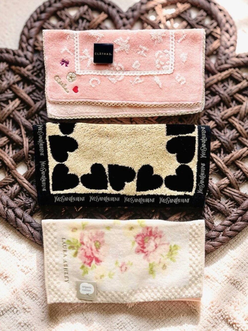 3) Hand Towel 10" : 1 YSL+1 LAURA ASHEY +1 CLATHAS Heart Pink Floral (92